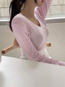 DAZY Chất rắn Cổ v Áo len Crop - Hồng - Xem 4