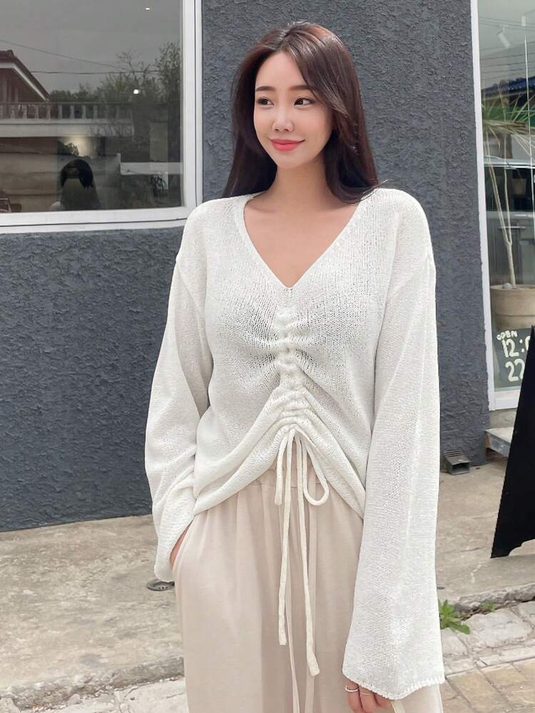 Drawstring Front Drop Shoulder Sweater,Fall Clothes