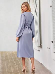 SHEIN Clasi 燈籠袖前紐扣繫腰帶連衣裙 - 藍色 - 查看 2