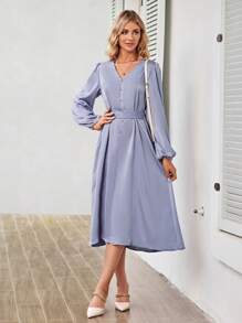 SHEIN Clasi 燈籠袖前紐扣繫腰帶連衣裙 - 藍色 - 查看 3