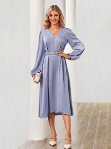SHEIN Clasi 燈籠袖前紐扣繫腰帶連衣裙 - 藍色 - 查看 4