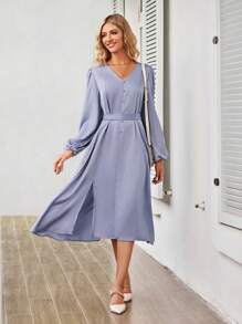 SHEIN Clasi 燈籠袖前紐扣繫腰帶連衣裙 - 藍色 - 查看 5