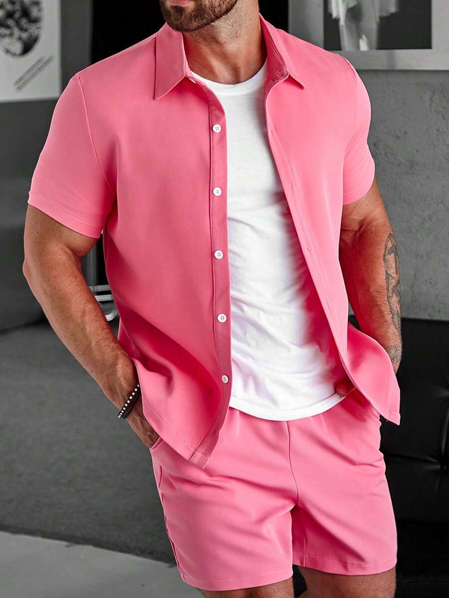 Manfinity Homme Men Solid Button Up Shirt & Shorts Without Tee - Hot Pink - View 1