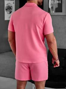 Manfinity Homme Men Solid Button Up Shirt & Shorts Without Tee - Hot Pink - View 2