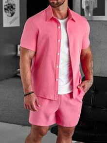 Manfinity Homme Men Solid Button Up Shirt & Shorts Without Tee - Hot Pink - View 3