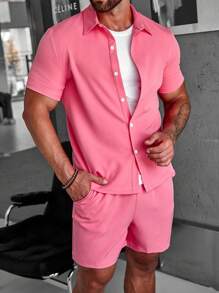 Manfinity Homme Men Solid Button Up Shirt & Shorts Without Tee - Hot Pink - View 6