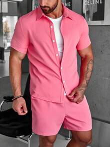 Manfinity Homme Men Solid Button Up Shirt & Shorts Without Tee - Hot Pink - View 8