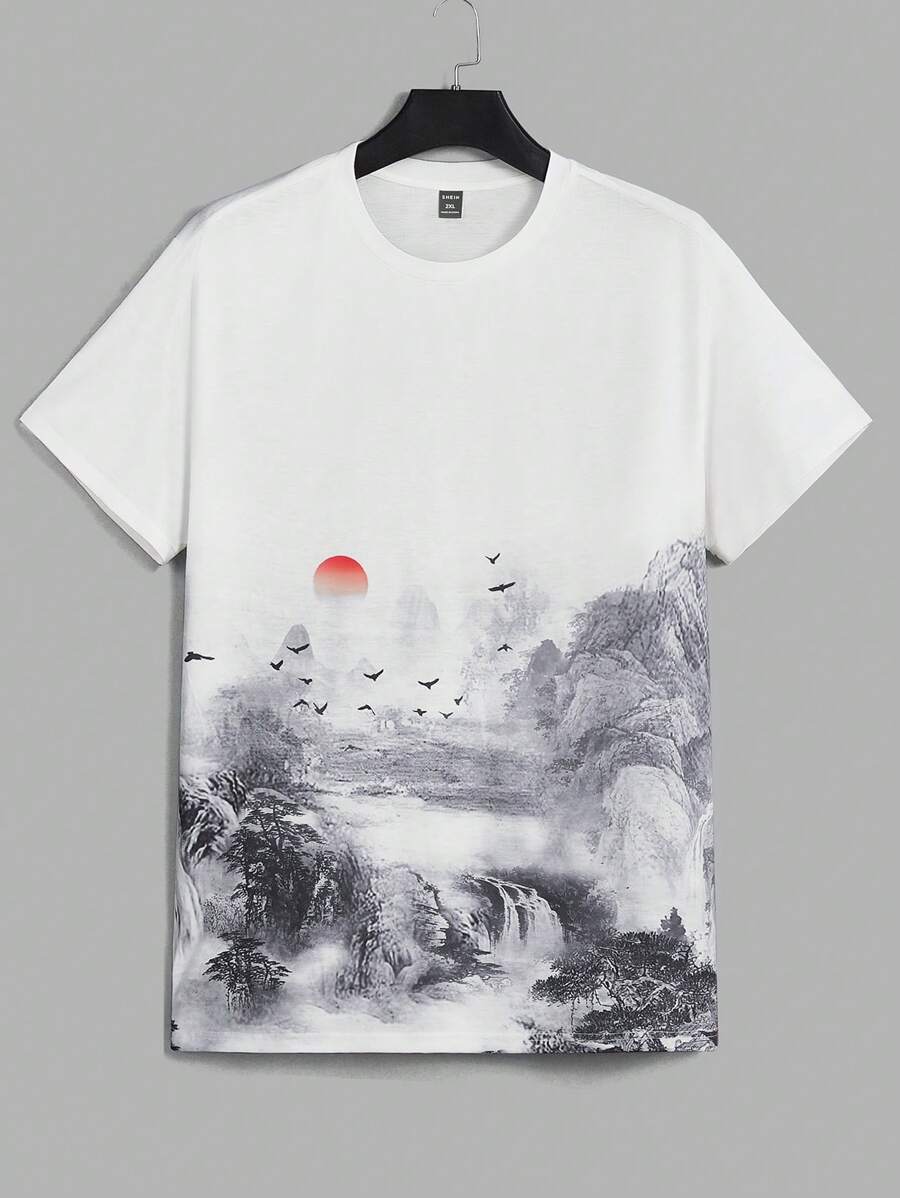 EASEVO 男士大码山水圖案T恤 - 彩色 - 查看 1