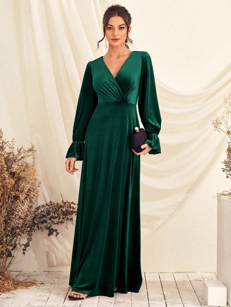 Surplice Neck Flounce Sleeve Dress - Dark Green - View 1