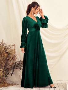 Surplice Neck Flounce Sleeve Dress - Dark Green - View 3