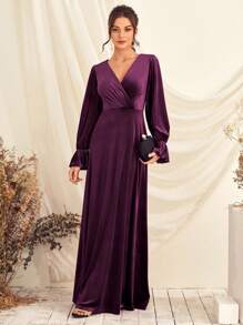 Vestido de cuello cruzado de manga con volante - Morado - Ver 1