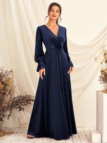 Surplice Neck Flounce Sleeve Dress - Royal Blue - View 3