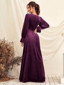 Vestido de cuello cruzado de manga con volante - Morado - Ver 2