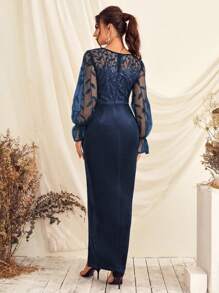 Elegant Embroidery Mesh Splicing Wrap-Around Split Dress - Navy Blue - View 2