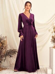 Vestido de cuello cruzado de manga con volante - Morado - Ver 3
