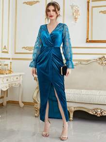 Women's Lace Patchwork Long Sleeve Minimalist Elegant Numeric Pattern Dress - Dusty Blue - View 1