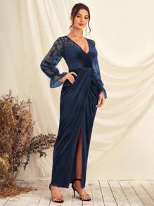 Elegant Embroidery Mesh Splicing Wrap-Around Split Dress - Navy Blue - View 4