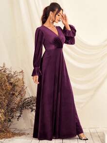 Vestido de cuello cruzado de manga con volante - Morado - Ver 4