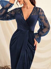 Elegant Embroidery Mesh Splicing Wrap-Around Split Dress - Navy Blue - View 5