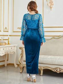 Women's Lace Patchwork Long Sleeve Minimalist Elegant Numeric Pattern Dress - Dusty Blue - View 2