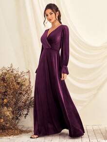 Vestido de cuello cruzado de manga con volante - Morado - Ver 5