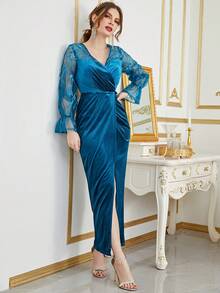 Women's Lace Patchwork Long Sleeve Minimalist Elegant Numeric Pattern Dress - Dusty Blue - View 3