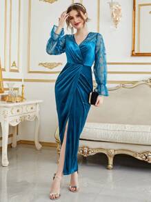 Women's Lace Patchwork Long Sleeve Minimalist Elegant Numeric Pattern Dress - Dusty Blue - View 4