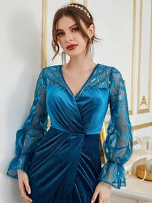Women's Lace Patchwork Long Sleeve Minimalist Elegant Numeric Pattern Dress - Dusty Blue - View 5