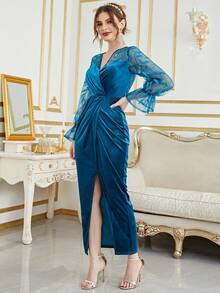 Women's Lace Patchwork Long Sleeve Minimalist Elegant Numeric Pattern Dress - Dusty Blue - View 6