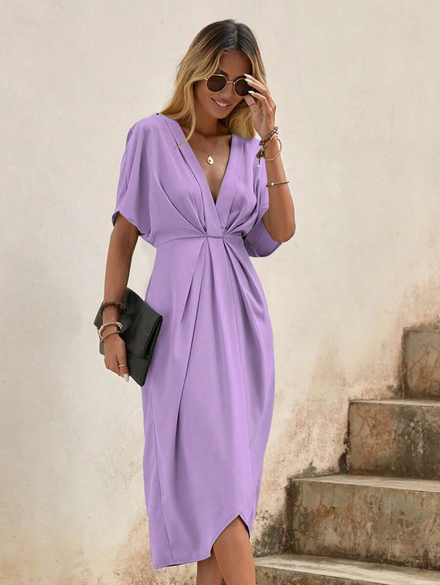 SHEIN LUNE Plunge Neck Batwing Sleeve Wrap Hem Dress | SHEIN UK