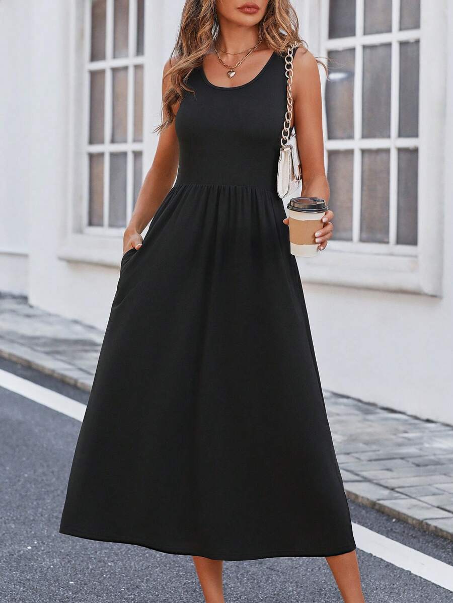 SHEIN LUNE Solid Slant Pocket A-Line Dress Maxi Women Outfit