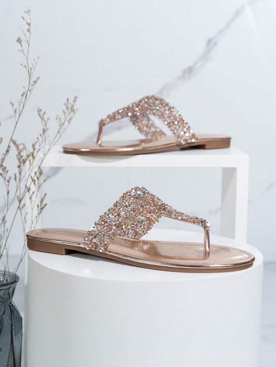 Elegant Casual Fashion Glass Crystal Champagne Color Women Flat Sandals,Flip Flops,Spring Summer Outfits
