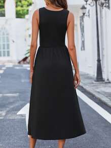 SHEIN LUNE Solid Slant Pocket A-Line Dress Maxi Women Outfit