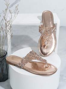 Elegant Casual Fashion Glass Crystal Champagne Color Women Flat Sandals,Flip Flops,Spring Summer Outfits - Gold - View 3