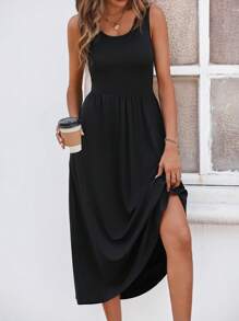 SHEIN LUNE Solid Slant Pocket A-Line Dress Maxi Women Outfit