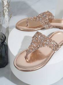Elegant Casual Fashion Glass Crystal Champagne Color Women Flat Sandals,Flip Flops,Spring Summer Outfits - Gold - View 4