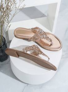 Elegant Casual Fashion Glass Crystal Champagne Color Women Flat Sandals,Flip Flops,Spring Summer Outfits - Gold - View 5