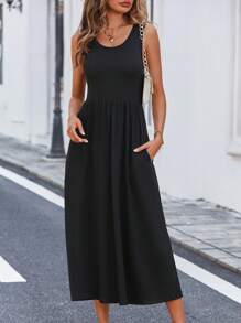 SHEIN LUNE Solid Slant Pocket A-Line Dress Maxi Women Outfit