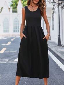 SHEIN LUNE Solid Slant Pocket A-Line Dress Maxi Women Outfit