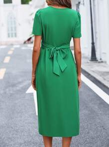 SHEIN Clasi Solid Split Thigh Wrap Cross Tie Back Dress - Green - View 2