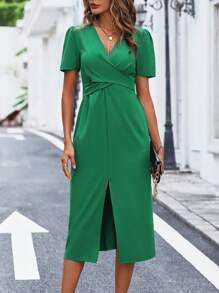 SHEIN Clasi Solid Split Thigh Wrap Cross Tie Back Dress - Green - View 6