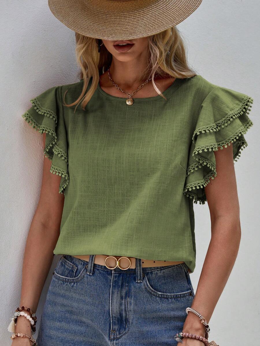 SHEIN LUNE 素色蝴蝶袖襯衫 - 綠色 - 查看 1