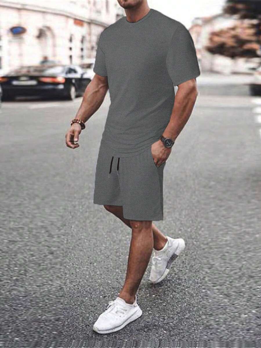 Manfinity Homme Bộ hai mảnh Nam Dây kéo màu trơn Giải trí - Màu xám đen - Xem 1