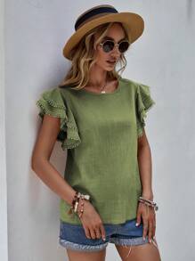 SHEIN LUNE 素色蝴蝶袖襯衫 - 綠色 - 查看 3