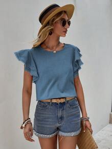 SHEIN LUNE Chất rắn áo tay bướm Áo sơ mi - Màu xanh lam - Xem 3