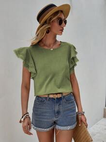 SHEIN LUNE 素色蝴蝶袖襯衫 - 綠色 - 查看 5