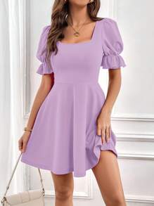 SHEIN Privé 方領泡泡袖A字洋裝 - 紫丁香色 - 查看 3