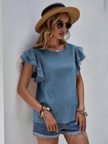 SHEIN LUNE Chất rắn áo tay bướm Áo sơ mi - Màu xanh lam - Xem 7