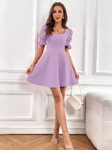 SHEIN Privé 方領泡泡袖A字洋裝 - 紫丁香色 - 查看 6