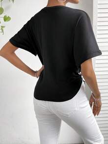 SHEIN Essnce Chất rắn Viền không đối xứng Áo thun - màu đen - Xem 2